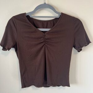 Brown Tee with lettuce edge sleeves and hem - M